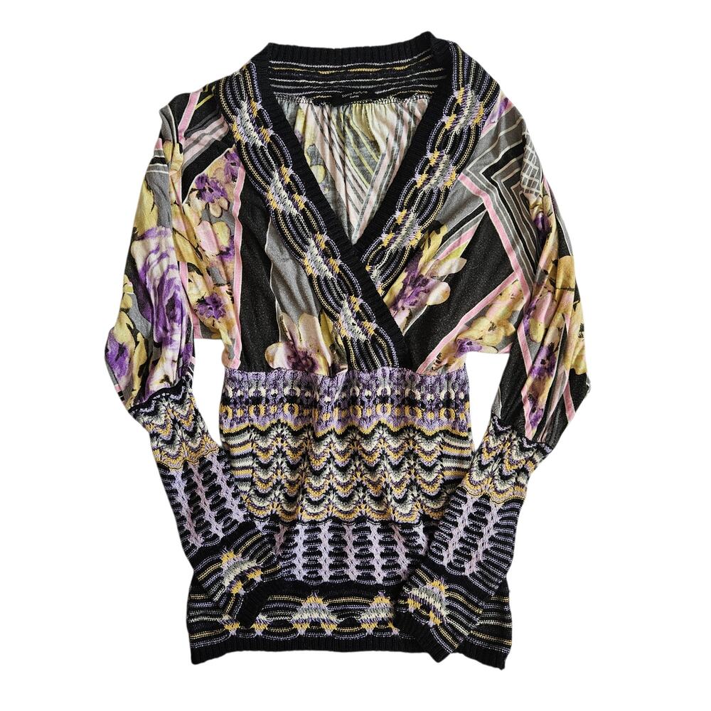 Y2k Sonia Fortuna Euro Italian Floral Crochet Slim Fit Long-Sleeved Top - Small